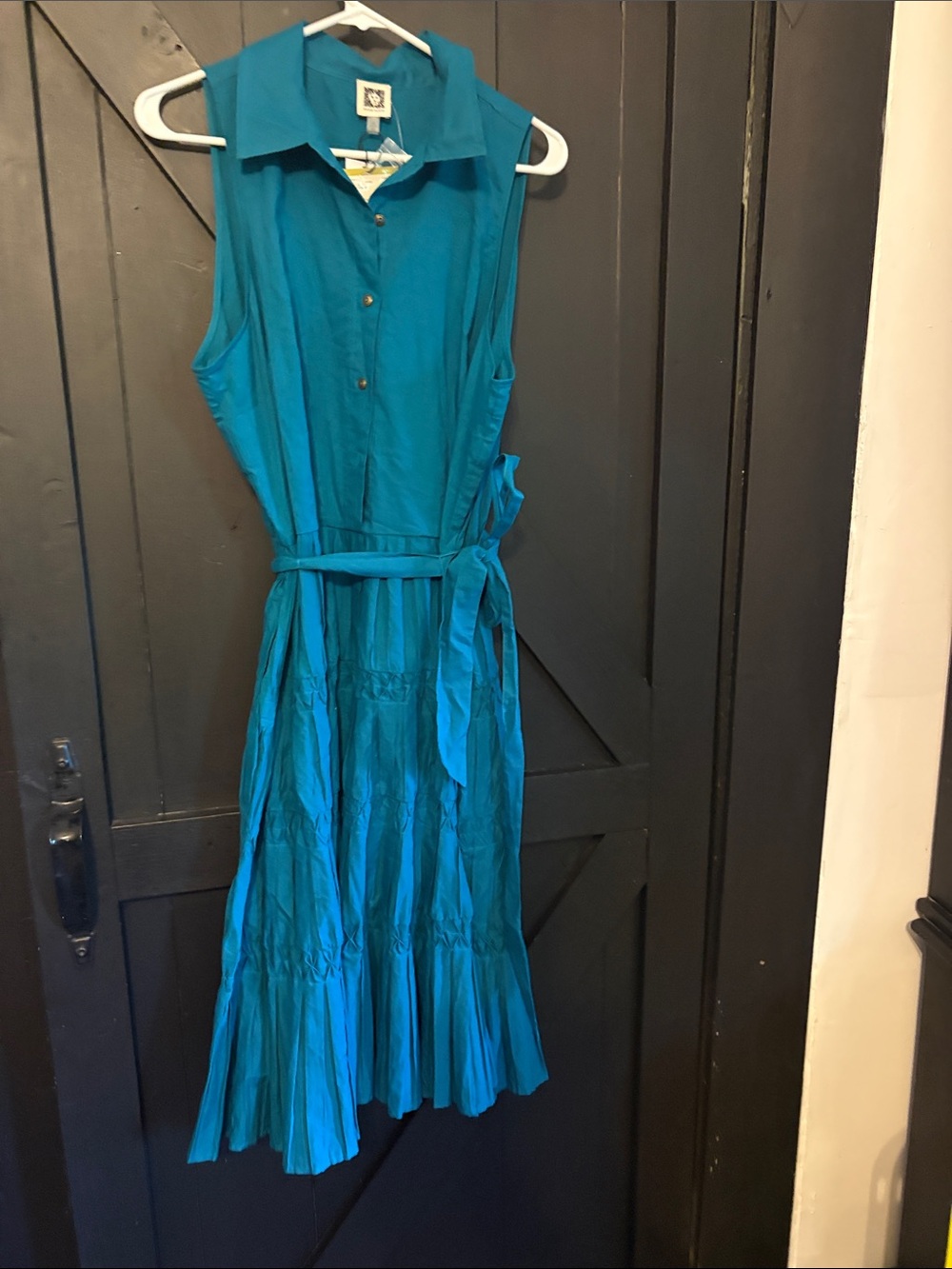 Anne Klein Teal Sleeveless Button-Front Shirt Dress with Tie Waist